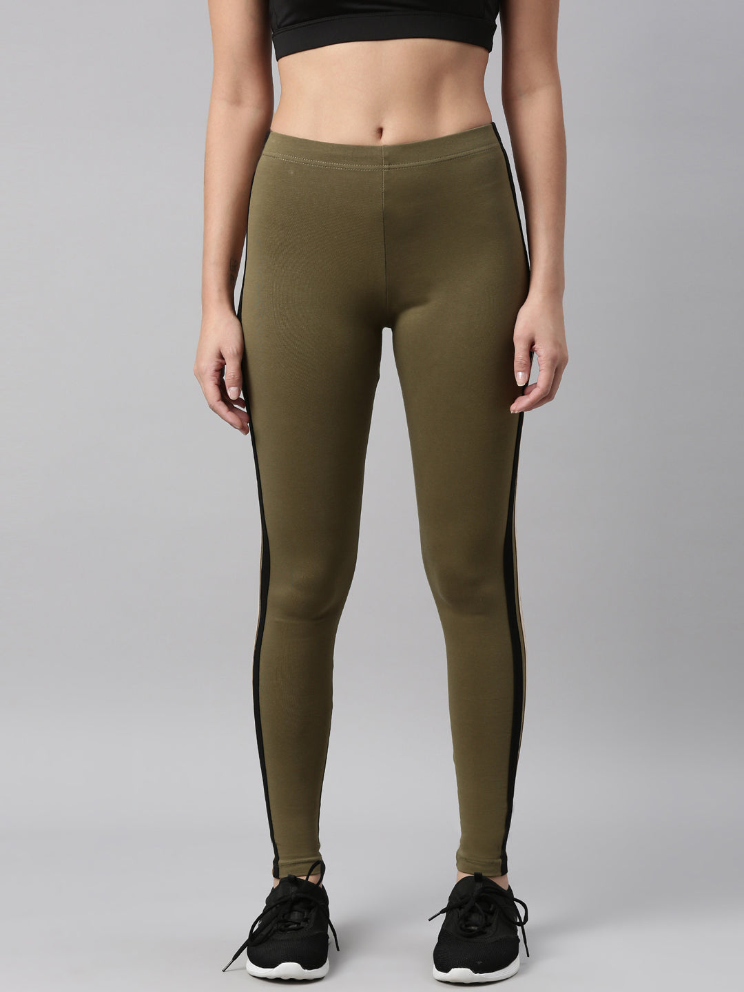 Olive Green Cotton Stretch Two Tone Side Stripe Track Pant