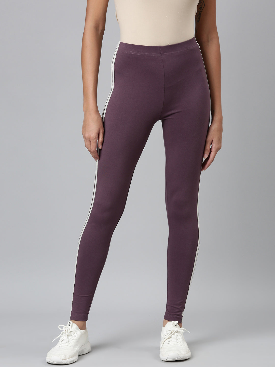 Purple Cotton Stretch Side Stripes Active Leggings