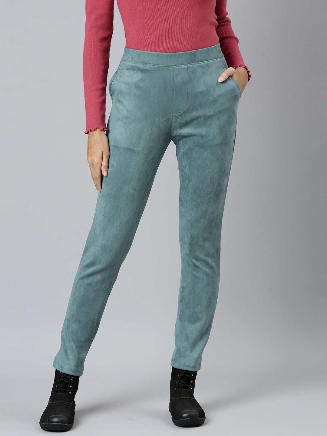 Ocean Green Poly Stretch Suede Tregging