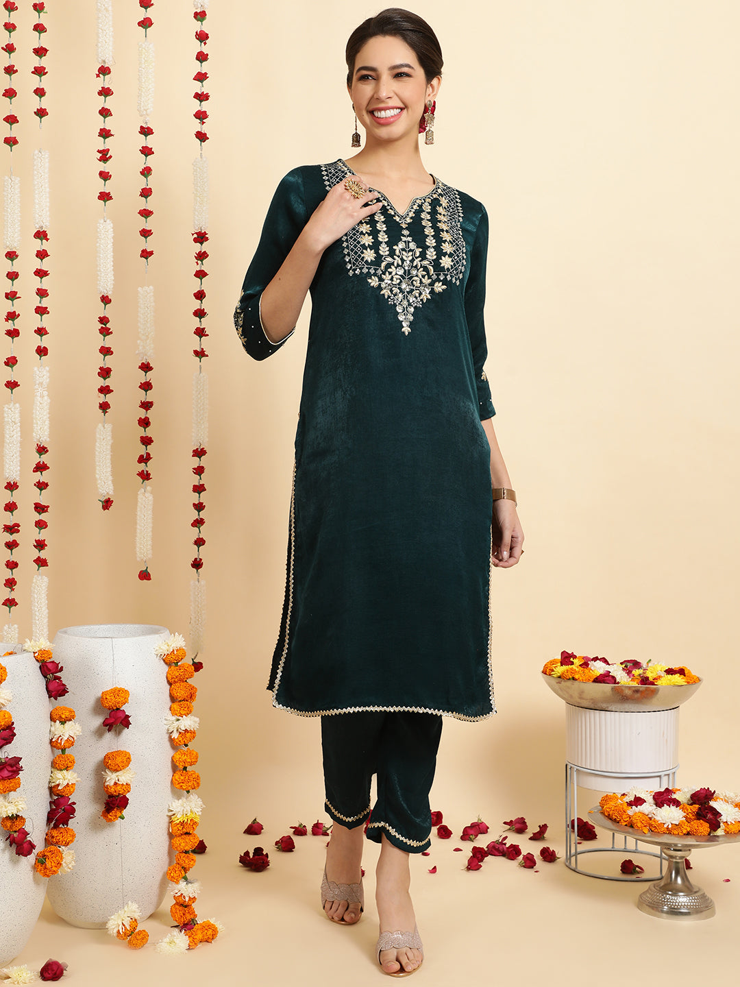 Dark Green Embroidered Velvet Kurta With Pants