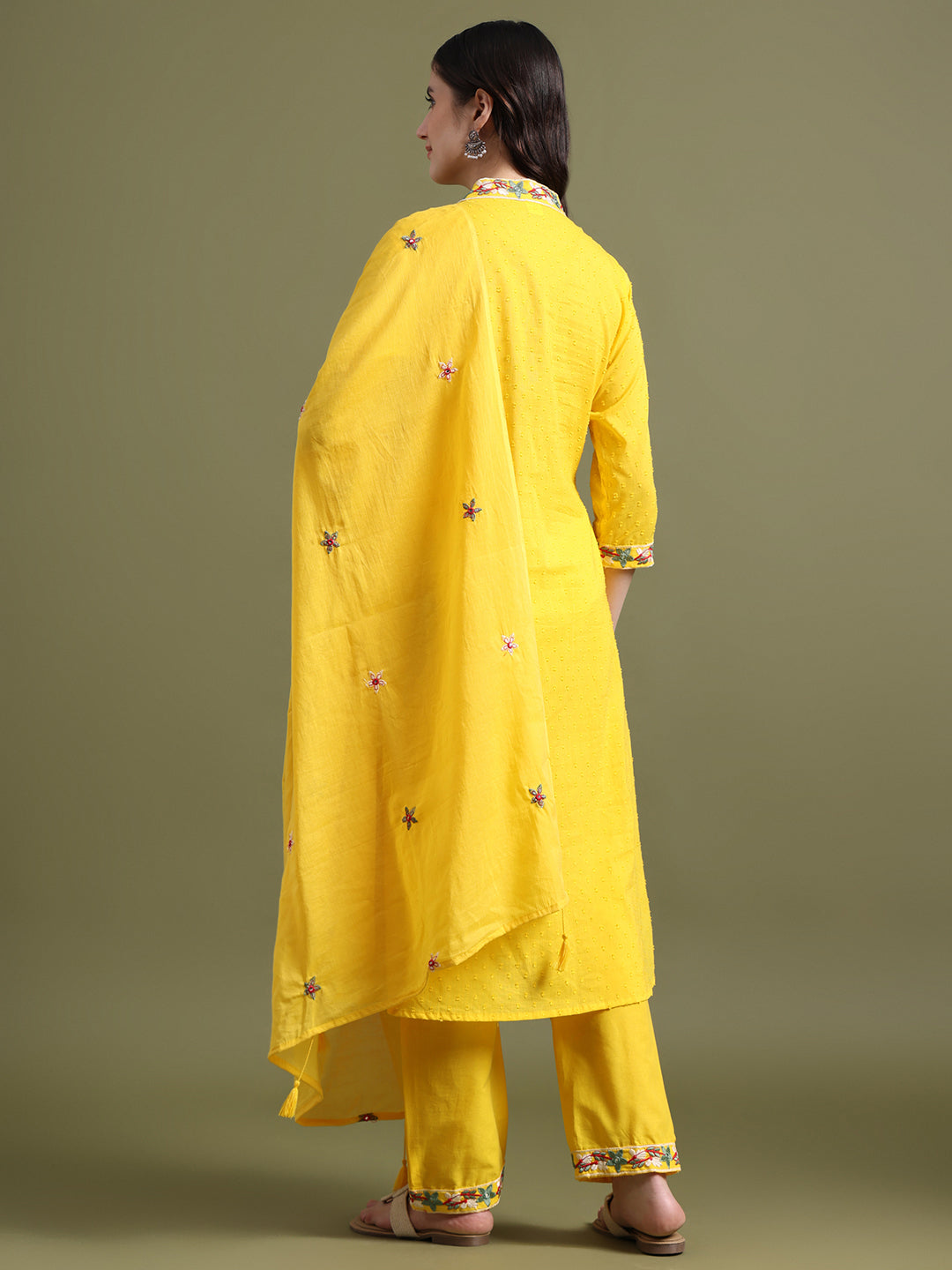 Yellow Embroidered Ram Boota Kurta and Pant Set with Dupatta