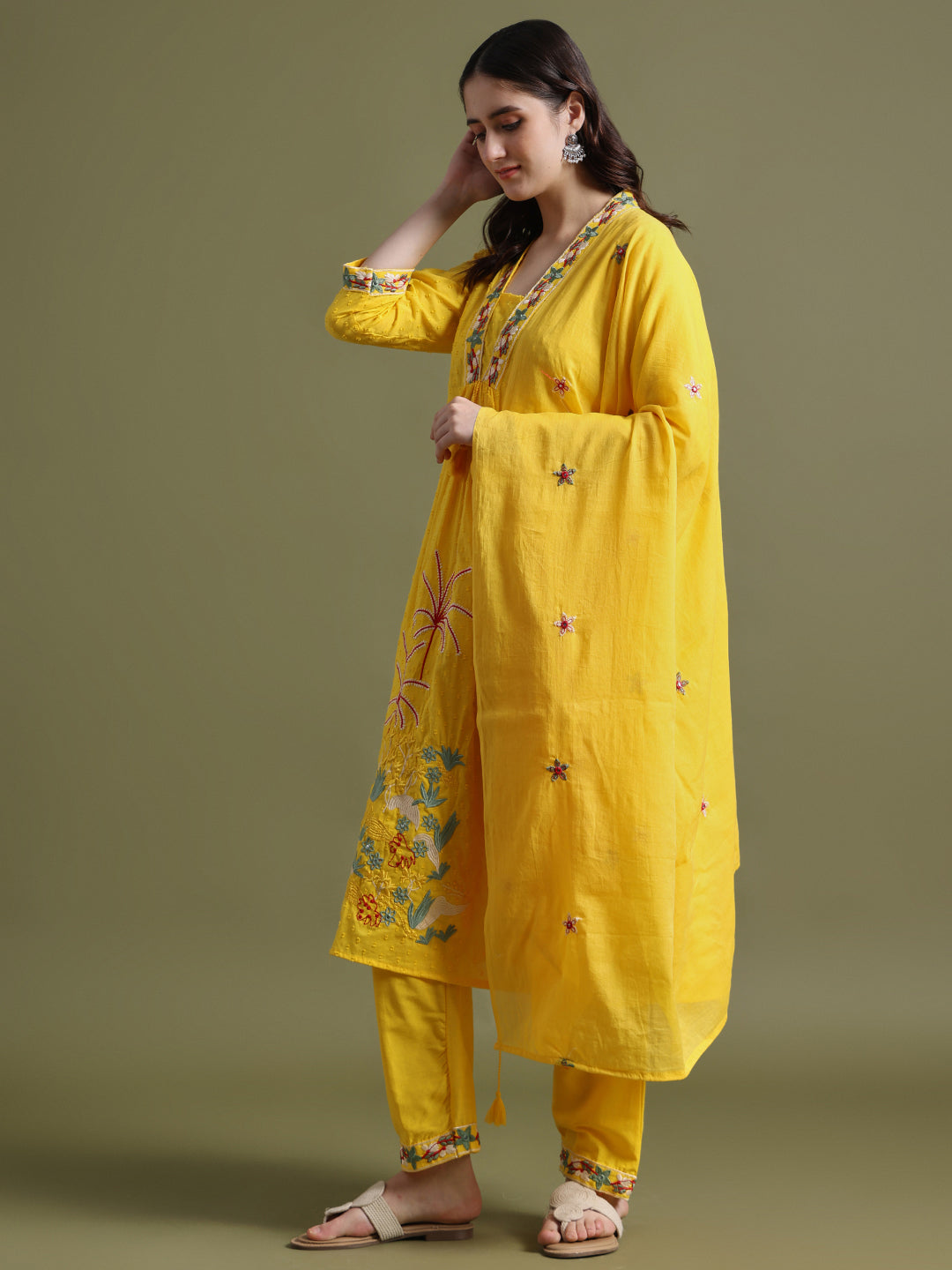 Yellow Embroidered Ram Boota Kurta and Pant Set with Dupatta