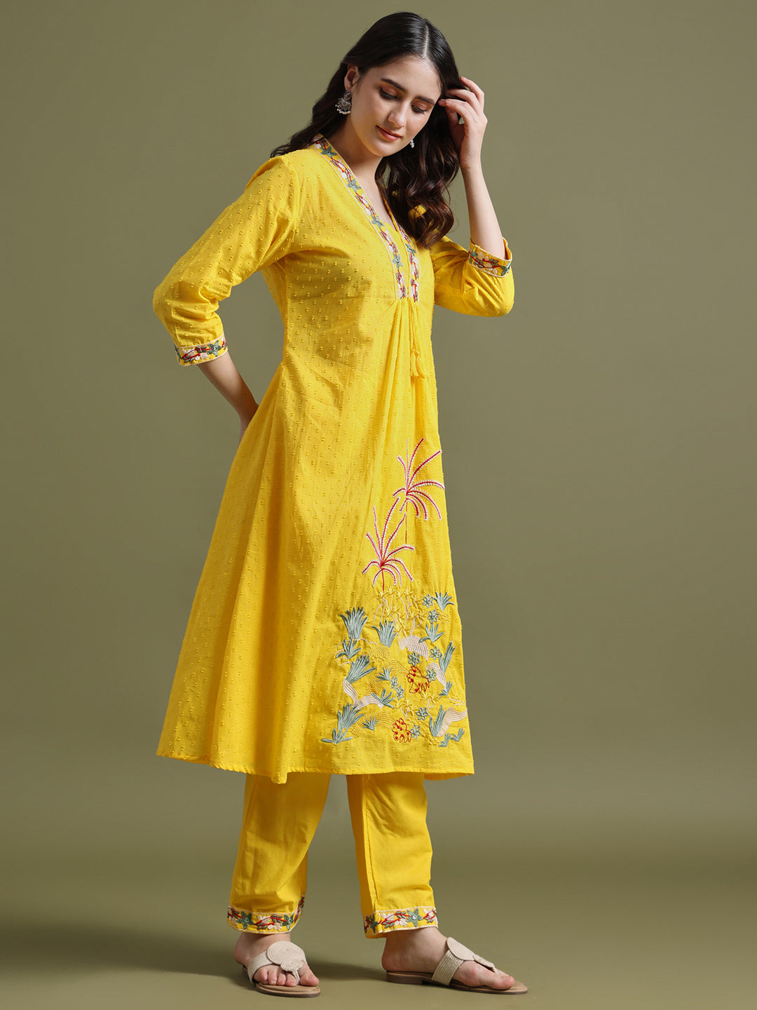 Yellow Embroidered Ram Boota Kurta and Pant Set with Dupatta