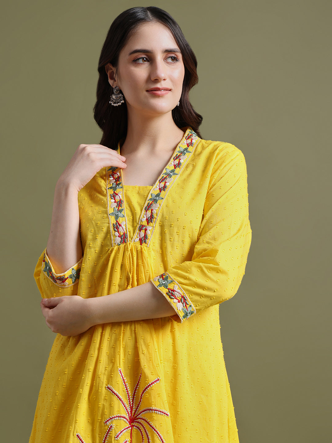 Yellow Embroidered Ram Boota Kurta and Pant Set with Dupatta