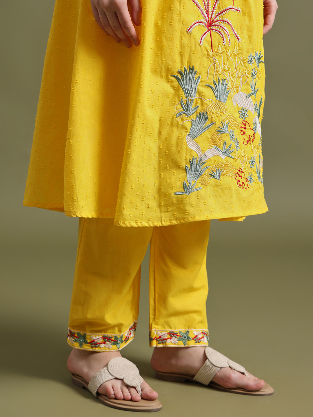 Yellow Embroidered Ram Boota Kurta and Pant Set with Dupatta