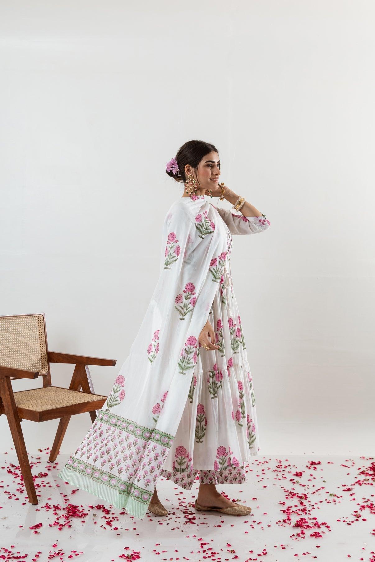 White Floral Printed Cotton Suit Set