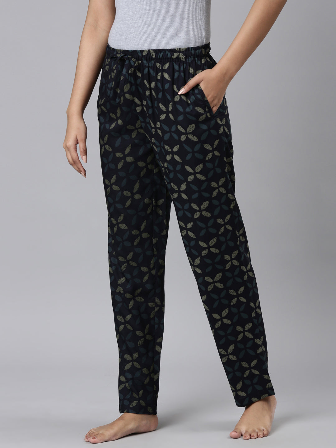 Navy Woven Viscose Printed Lounge Pants