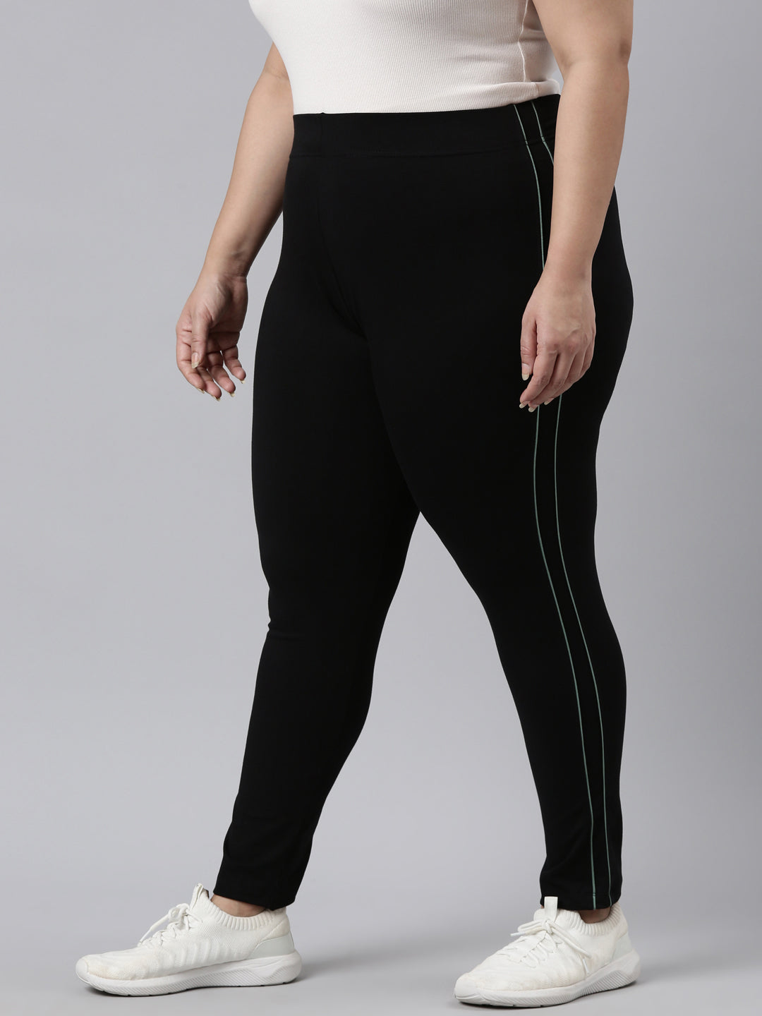 Black Cotton Stretch Side Stripes Active Leggings