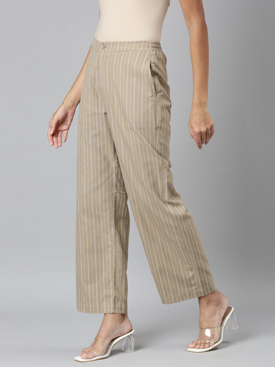 Beige Cotton Stripes Cargo Pant