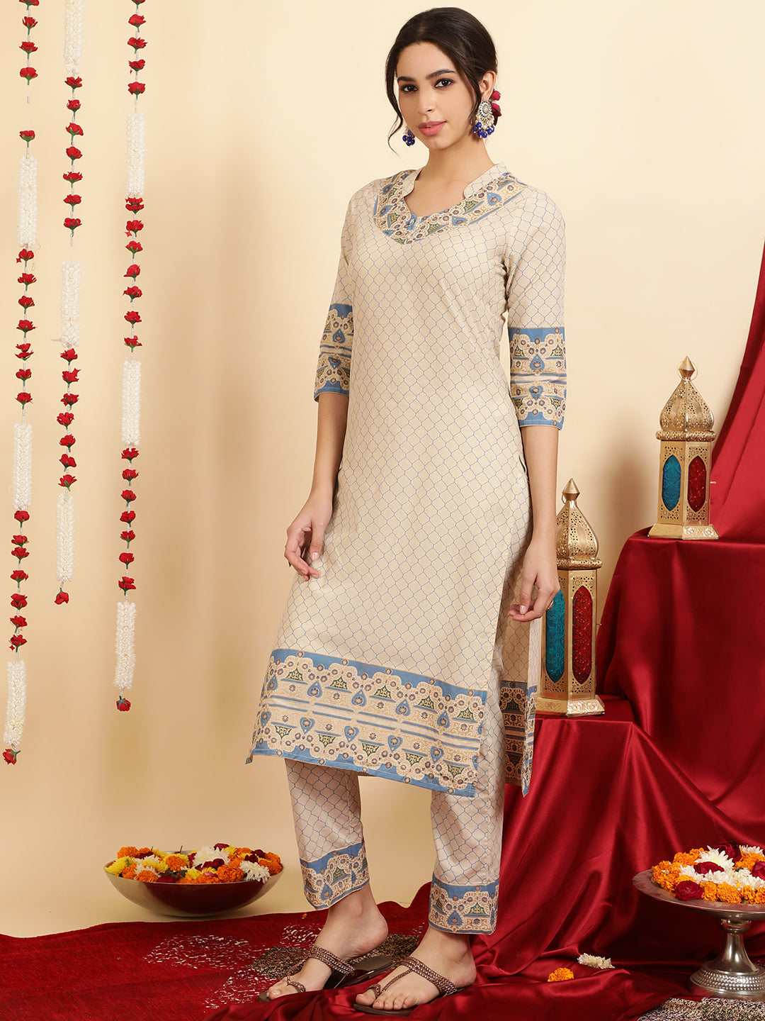 Ethnic Printed Blue Cotton Straight Kurta With Pants And Dupatta