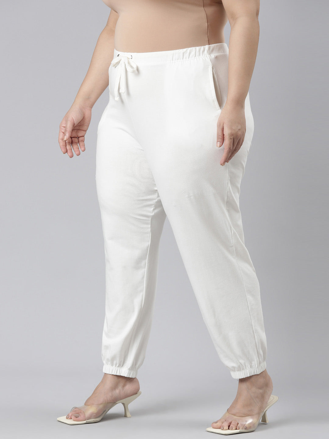 Cream Cotton Stretch Casual Joggers