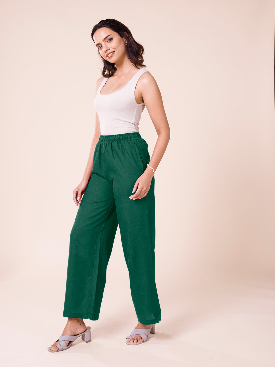 Bottle Green Viscose Blend Linen Palazzos