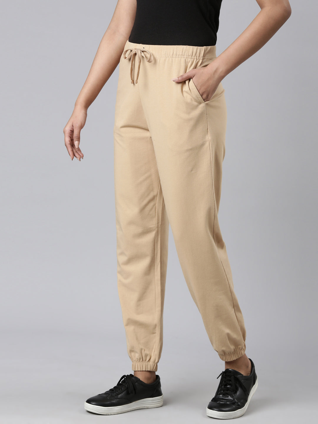 Beige Cotton Stretch Casual Joggers