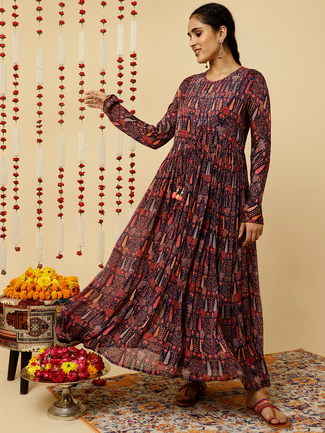 Purple Tribal Printed Flared Kurta With Dupatta