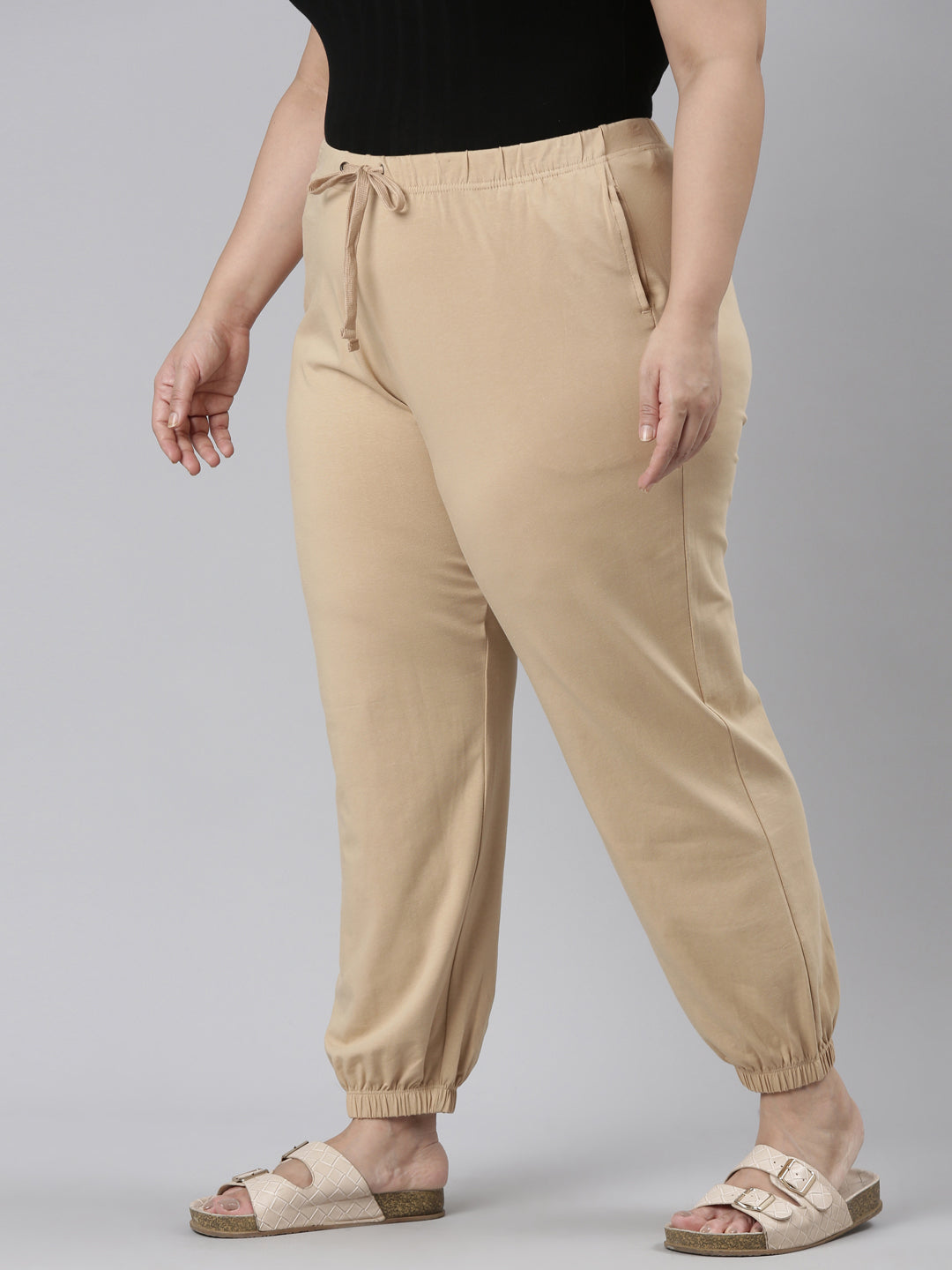 Beige Cotton Stretch Casual Joggers