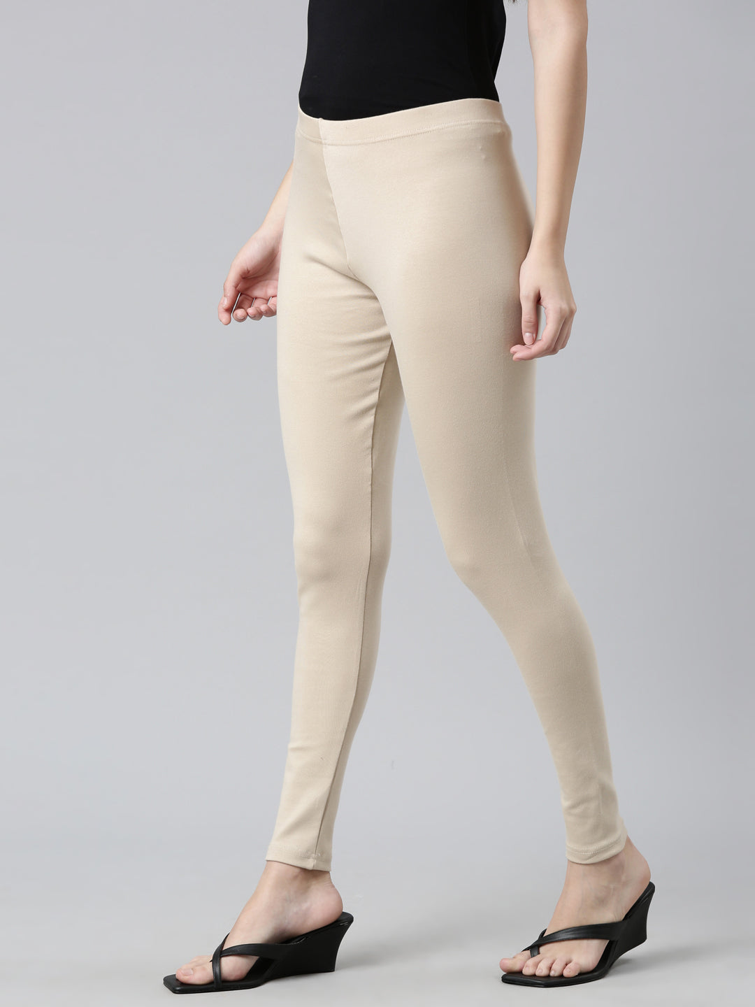Light Beige Cotton Stretch Ribbed warm Leggings