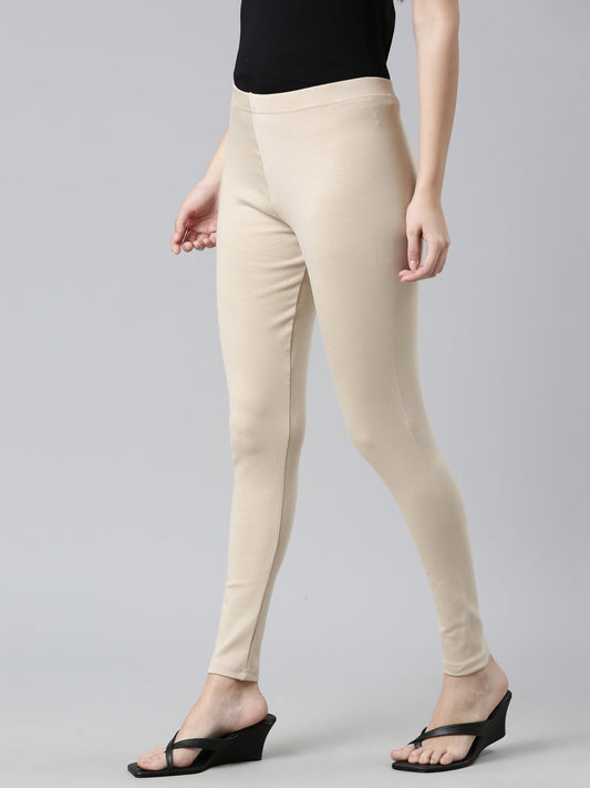 Light Beige Cotton Stretch Ribbed warm Leggings