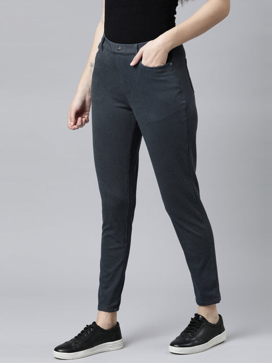 Navy Cotton Poly Stretch Stripes Printed Jeggings