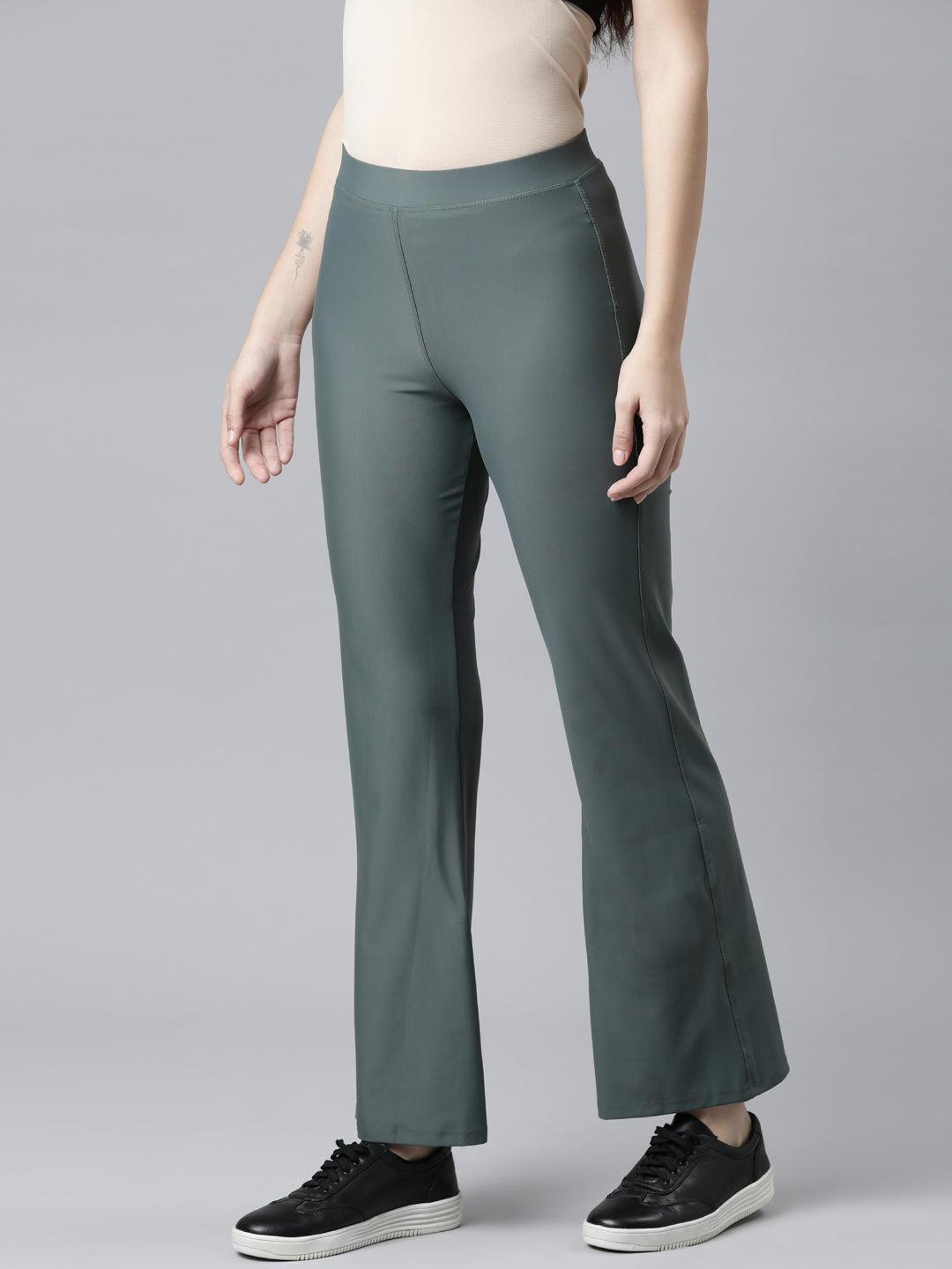 Olive Green Nylon Stretch Bell Bottom