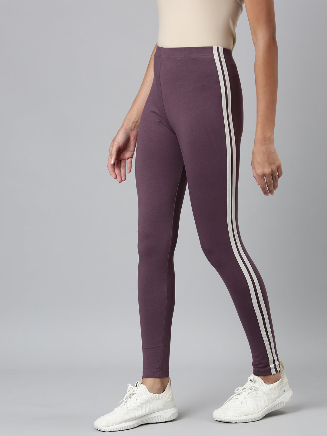 Purple Cotton Stretch Side Stripes Active Leggings