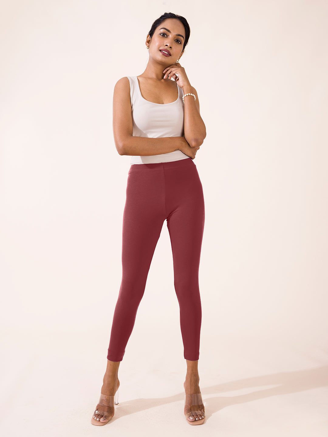 Light Maroon Cotton Stretch Ankle Length Leggings