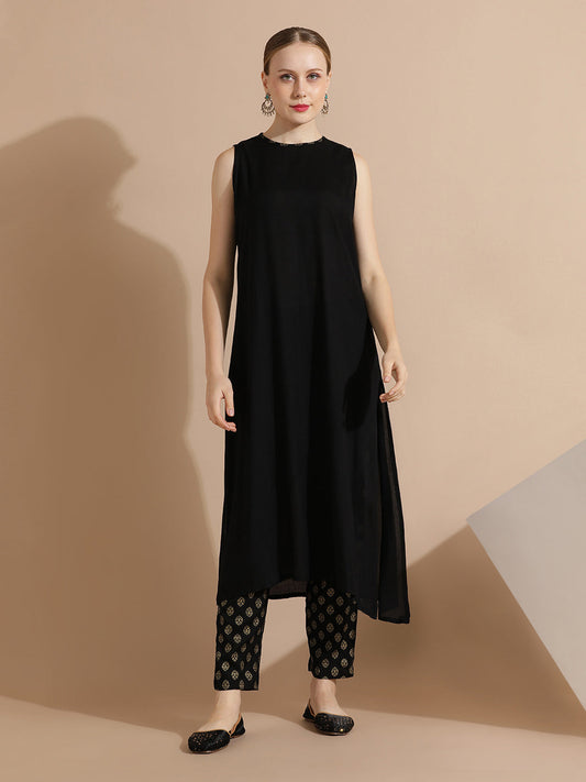 Black Rayon Kurta With Printed Pants