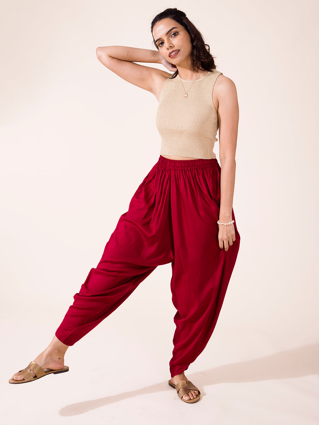Maroon Woven Viscose Harem Dhoti Pant