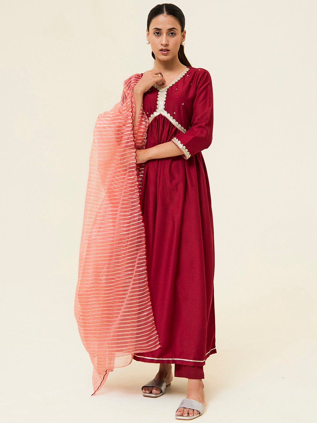 Maroon Embroidered Festive Kurta Set