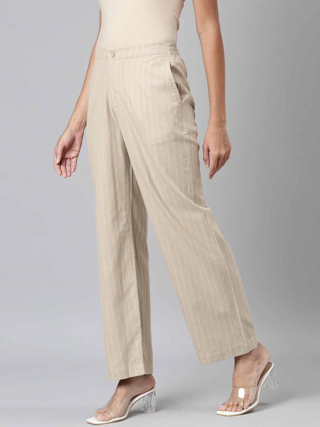 Beige Cotton Stripes Cargo Pant