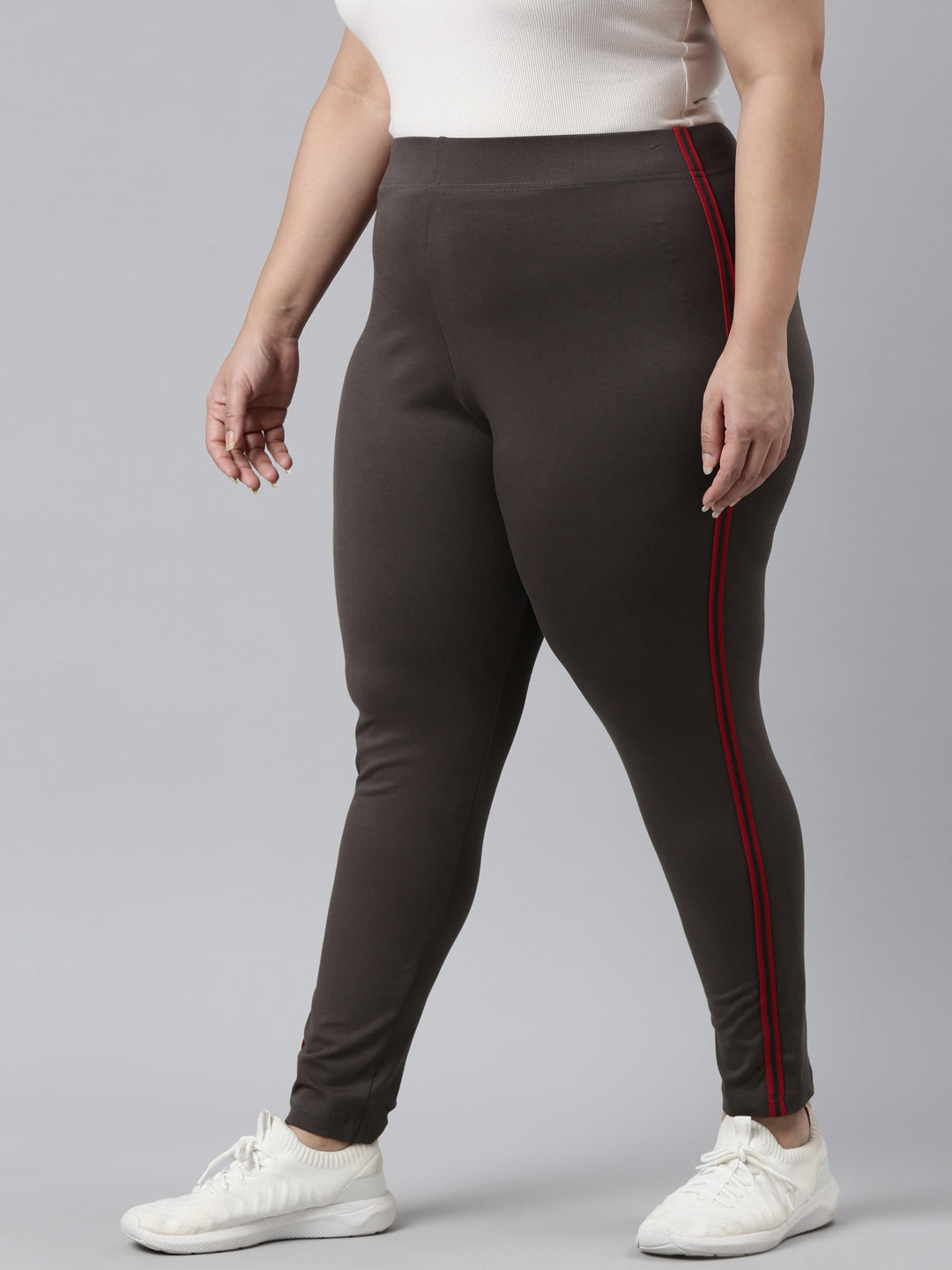 Silver Grey Cotton Stretch Side Stripes Active Leggings