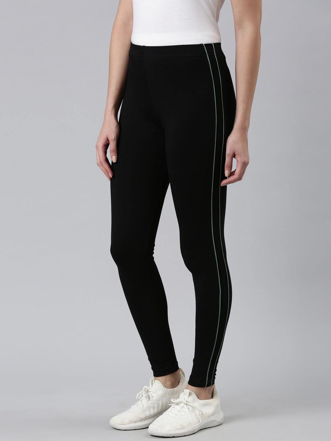 Black Cotton Stretch Side Stripes Active Leggings
