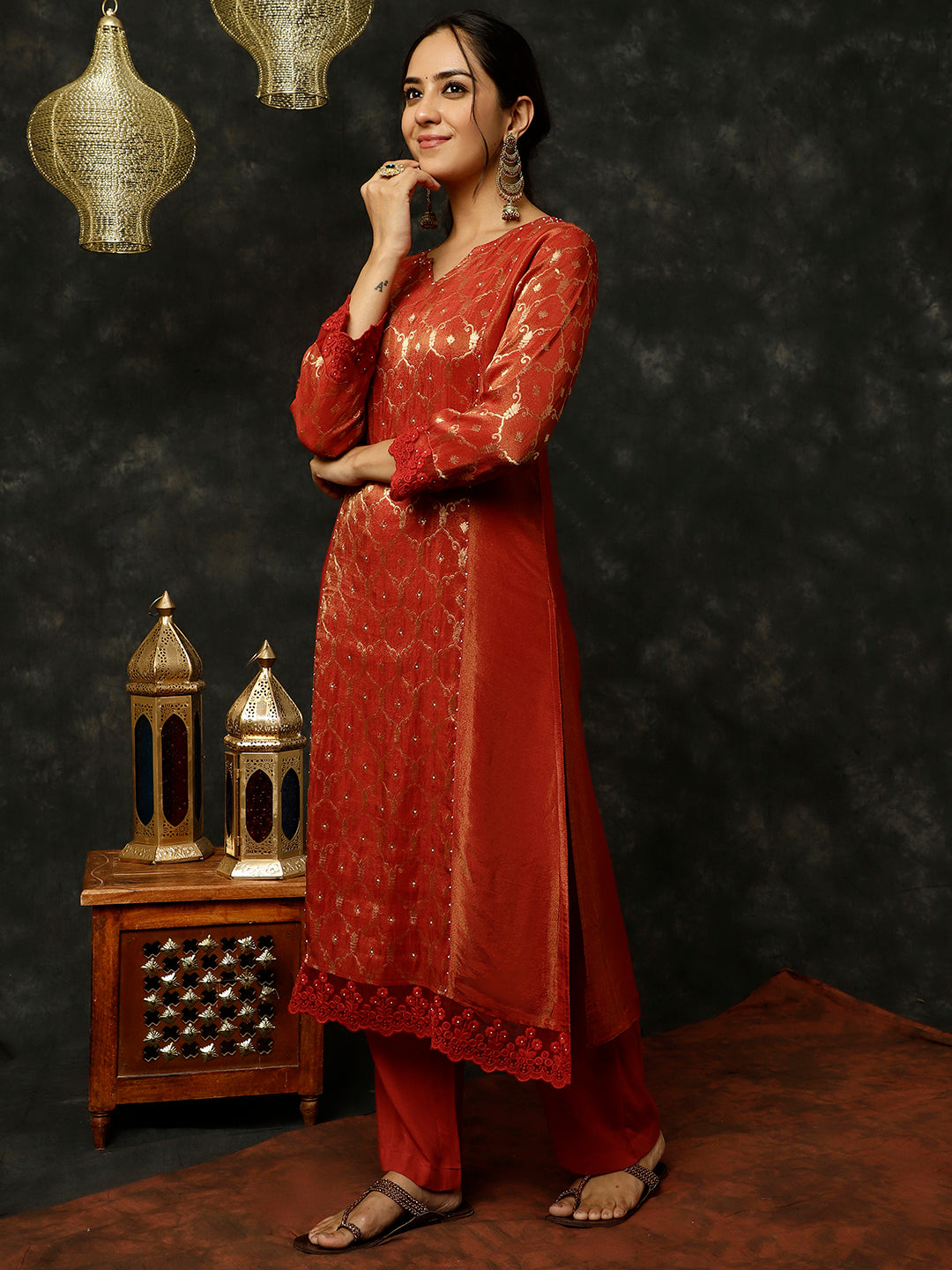 Maroon Bead Work Silk Straight Kurta With Pants And Dupatta