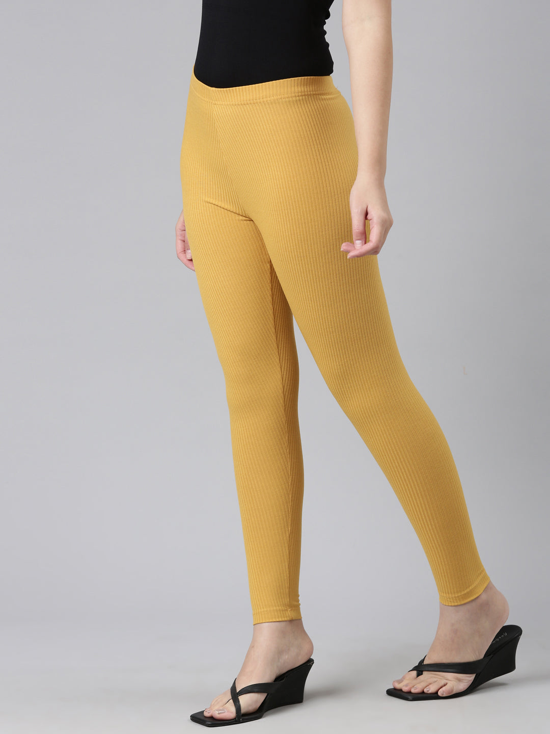 Golden Yellow Drop Needle Fabric Rib Leggings