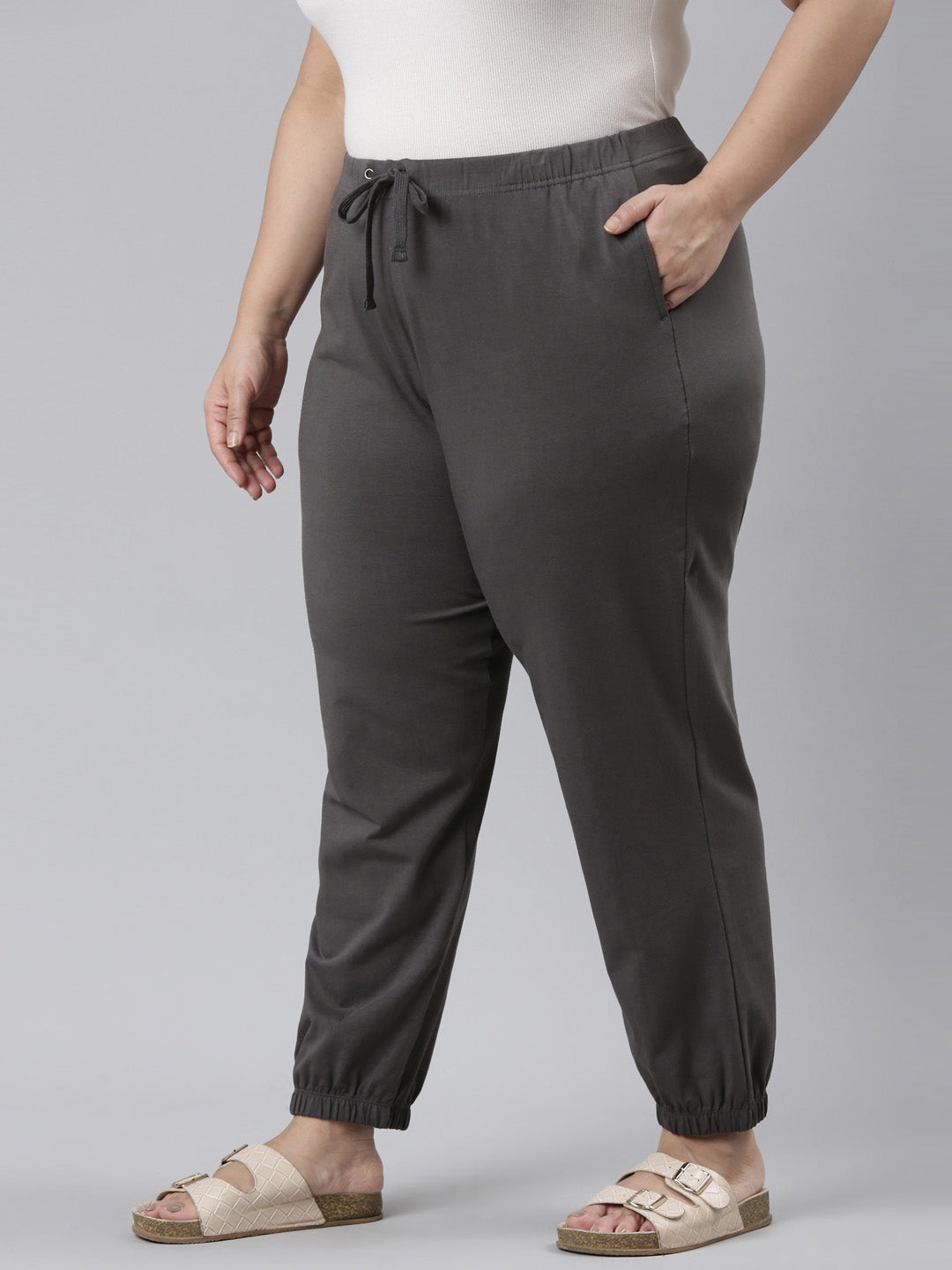 Silver Grey Cotton Stretch Casual Joggers