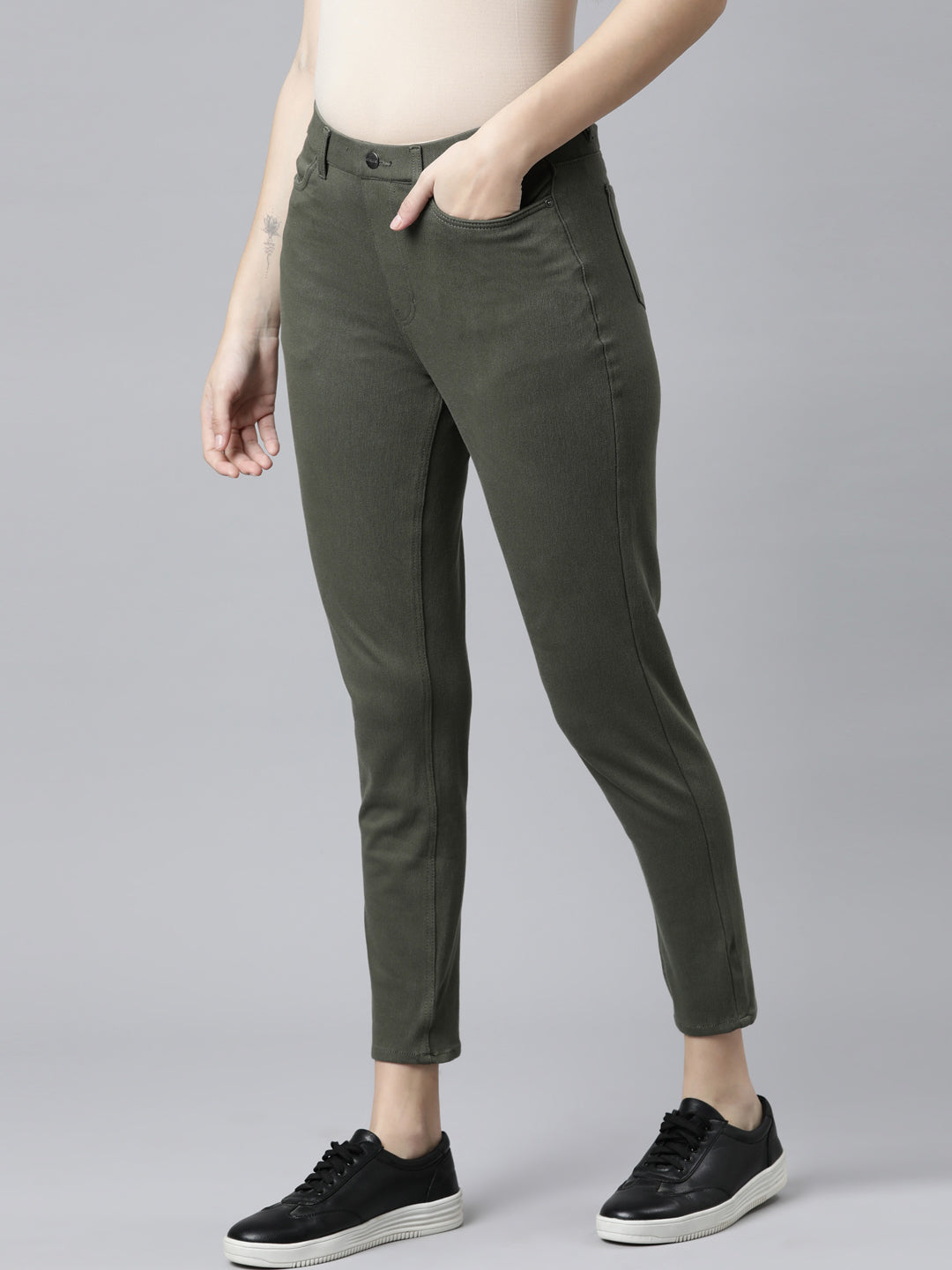 Dark Olive Cotton Poly Stretch Cropped Colored Jeggings