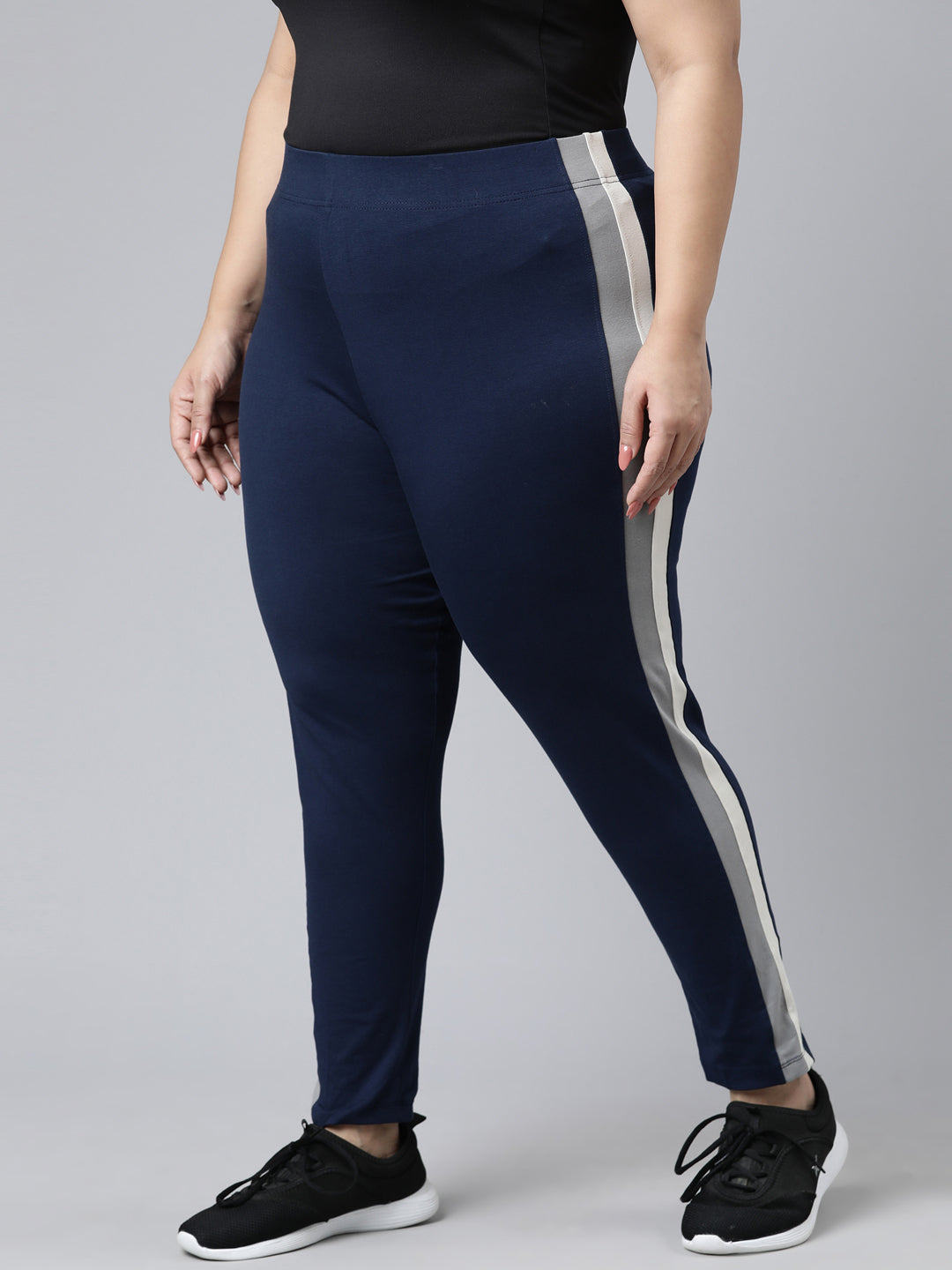 Navy Cotton Stretch Side Stripes Active Leggings