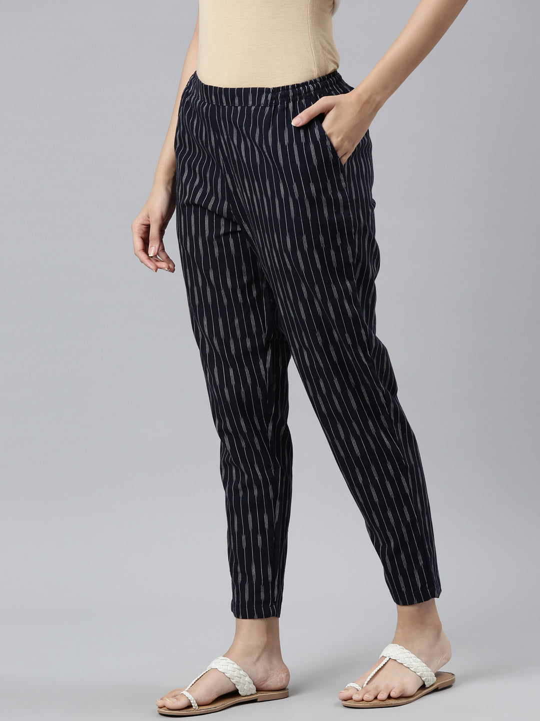 Navy Linen Ikat Pencil Pant