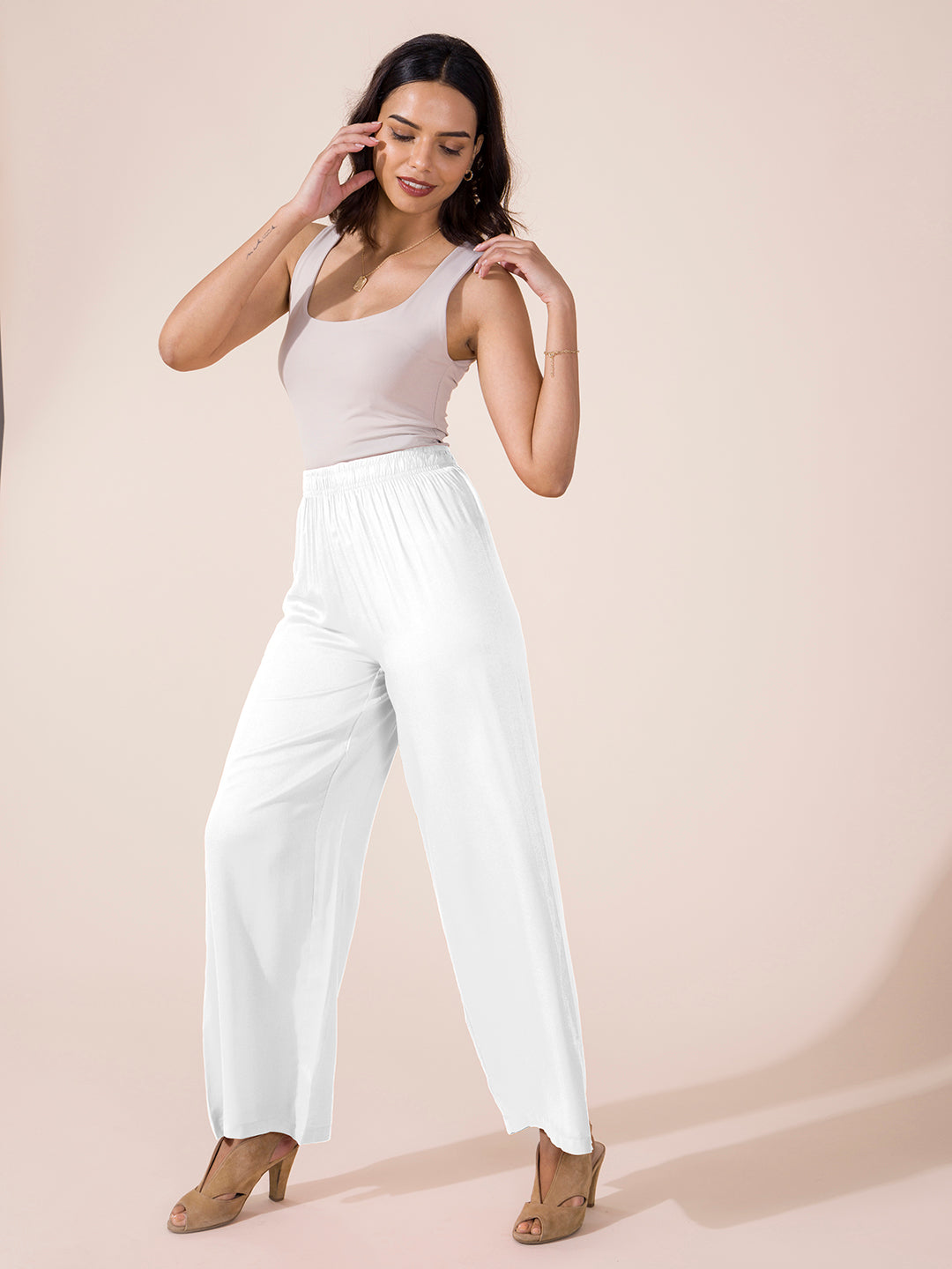 White Woven Viscose Basic Palazzo