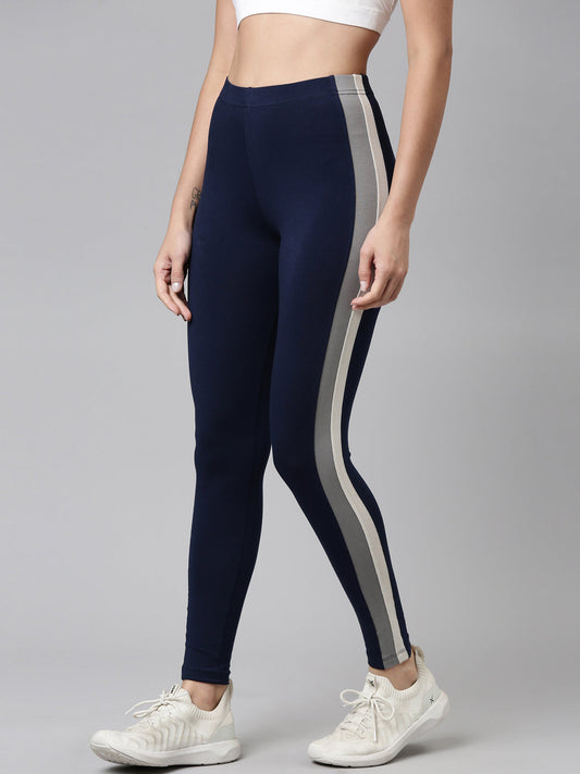 Navy Cotton Stretch Side Stripes Active Leggings