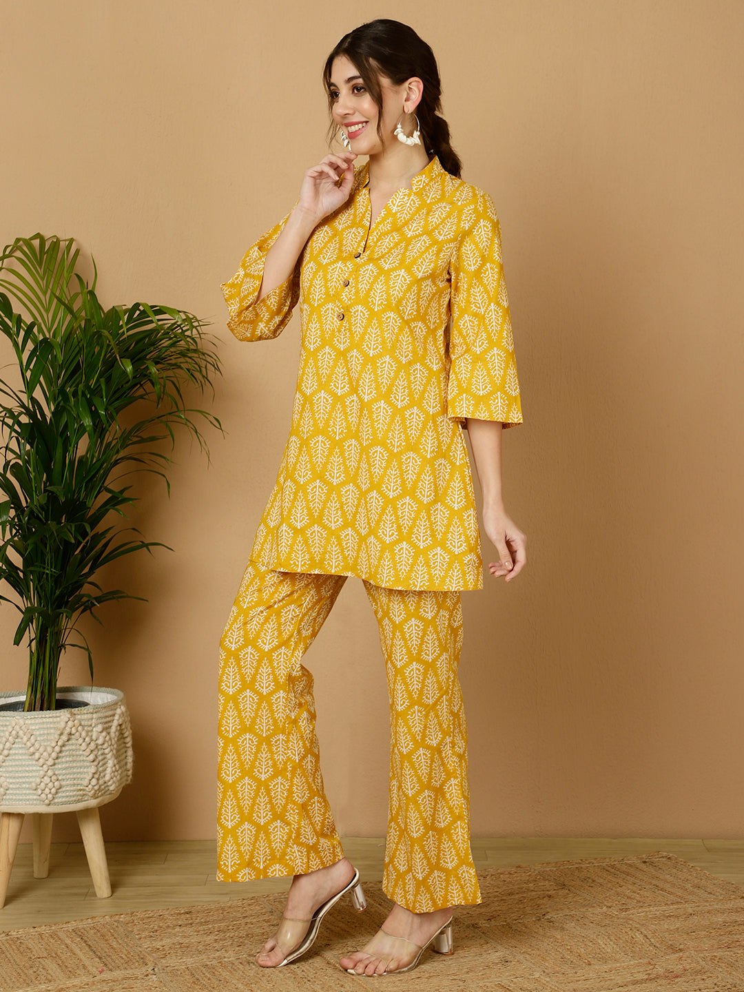 Yellow Ethnic Printed Kurta With Palazzo Loungewear