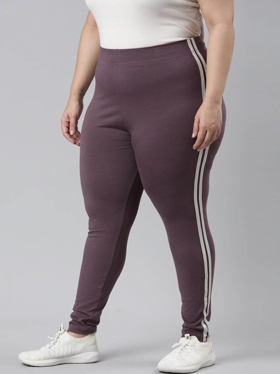 Purple Cotton Stretch Side Stripes Active Leggings