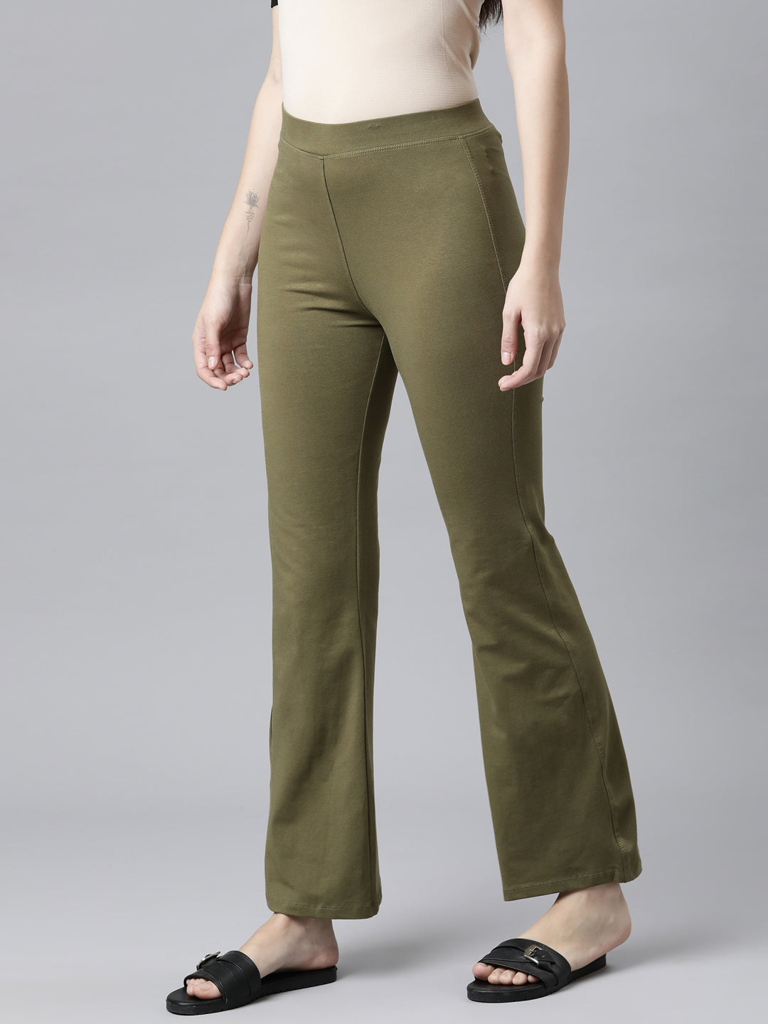 Olive Green Cotton Stretch Flared Pant