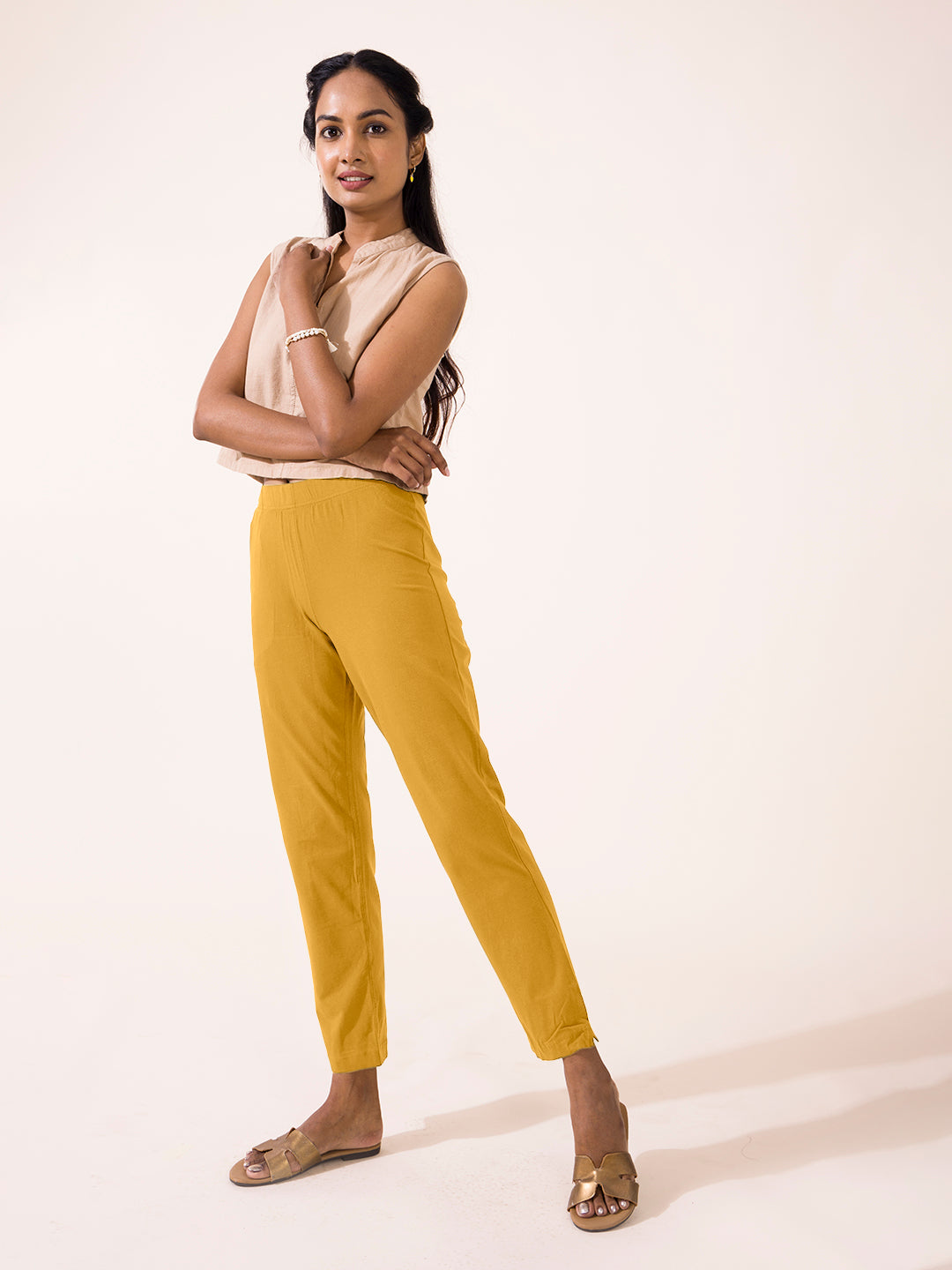 Light Mustard Cotton Stretch Kurti Pants
