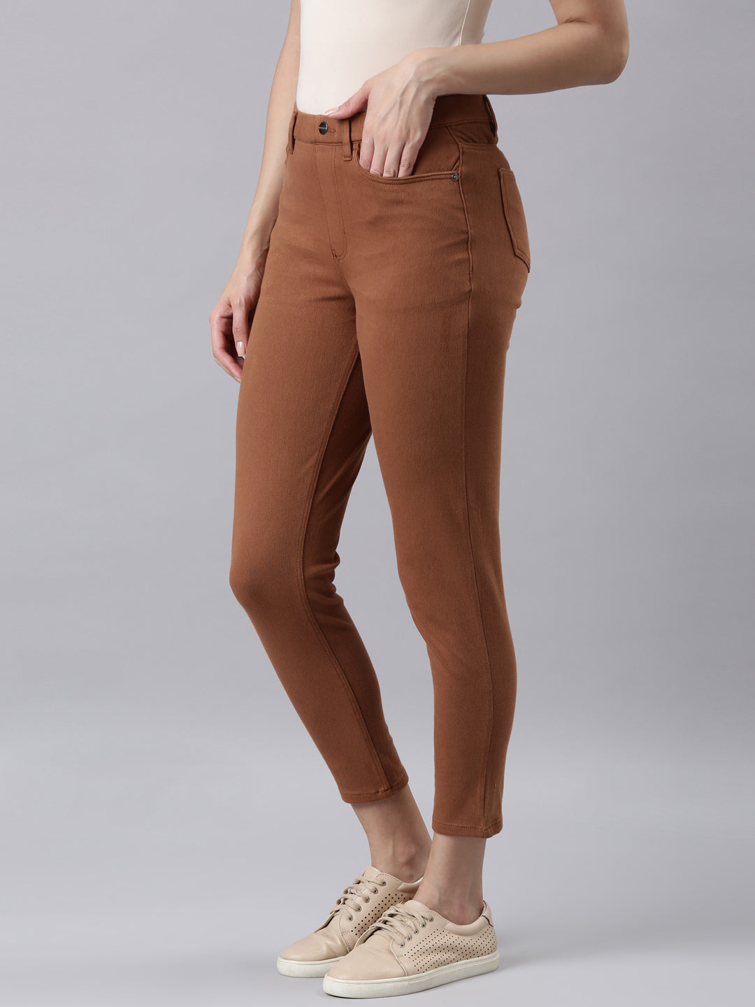 Light Brown Cotton Poly Stretch Cropped Colored Jeggings