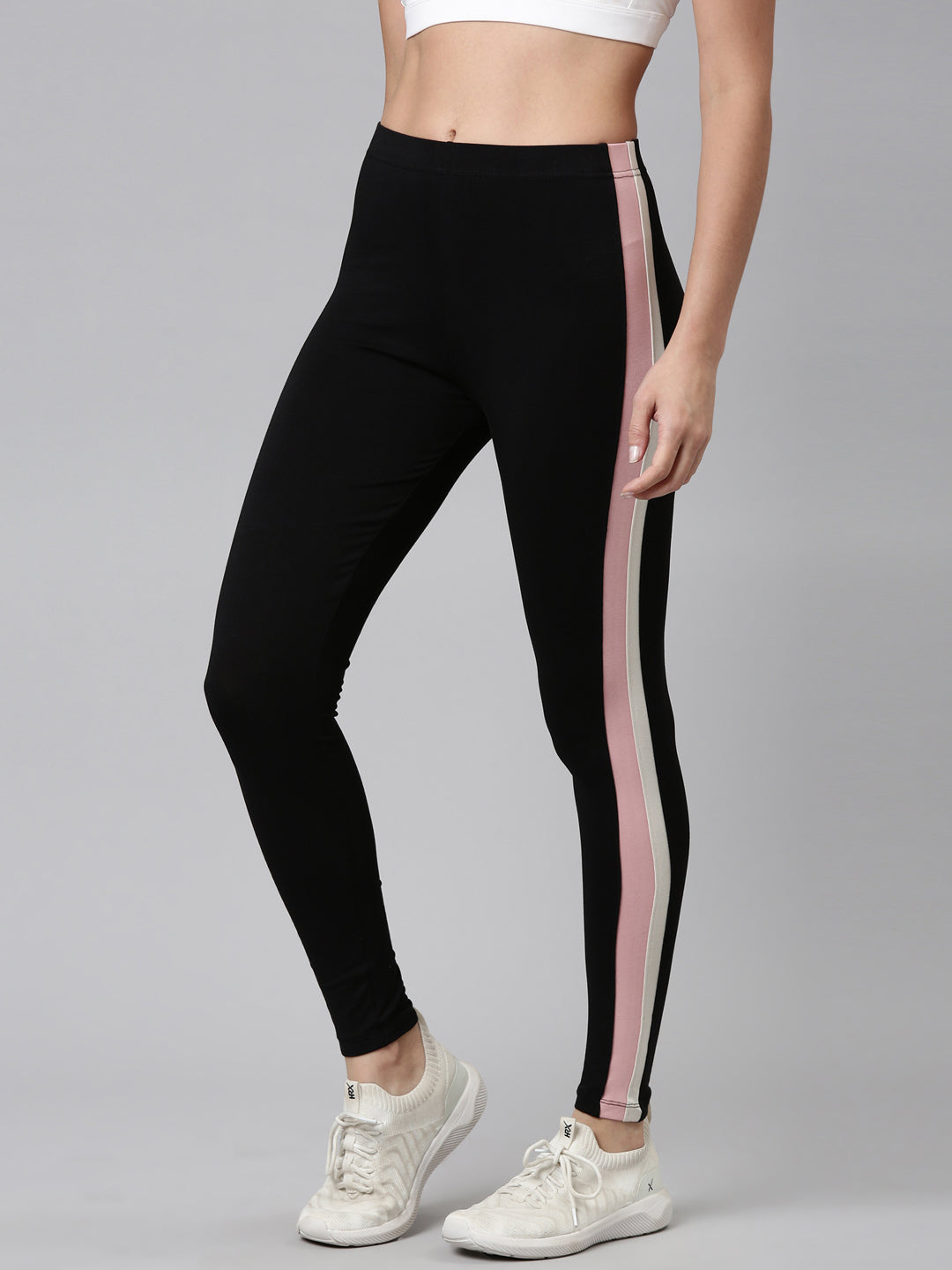 Black Cotton Stretch Side Stripes Active Leggings