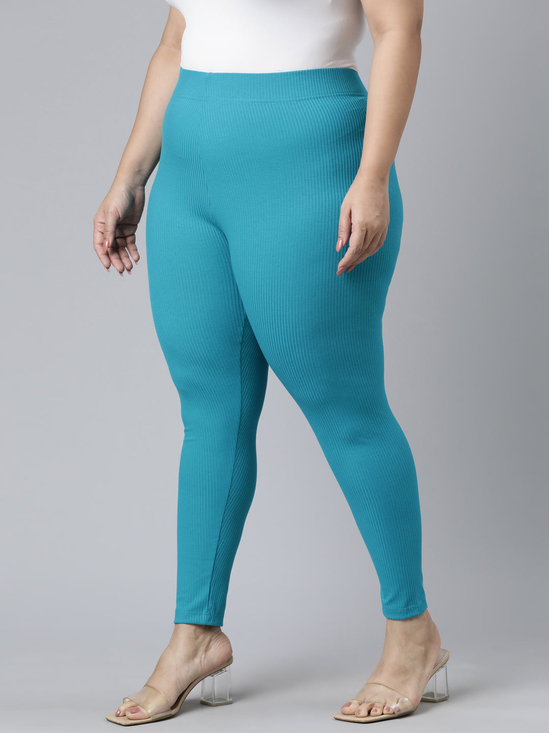 Peacock Blue Drop Needle Fabric Rib Leggings