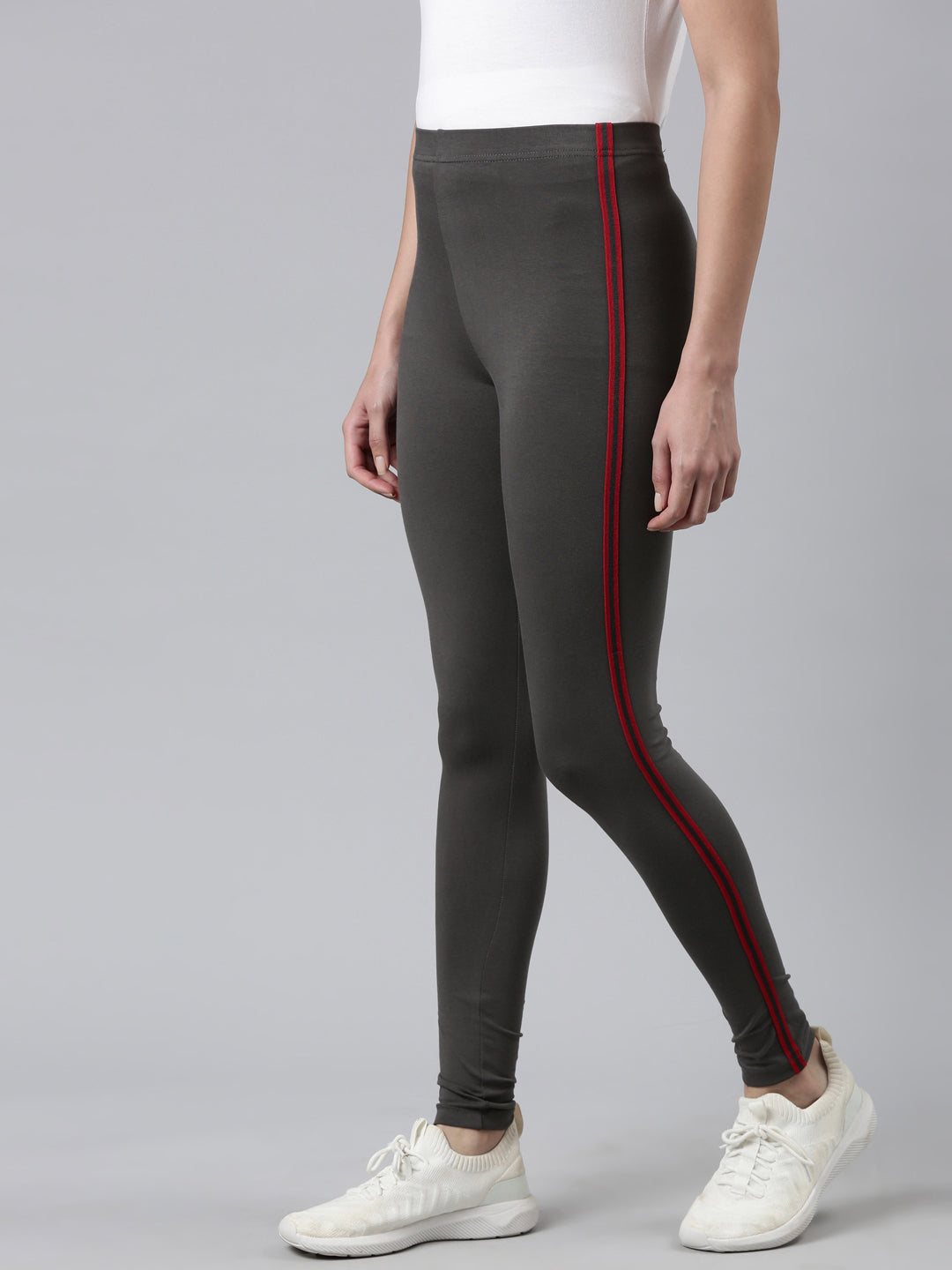 Silver Grey Cotton Stretch Side Stripes Active Leggings