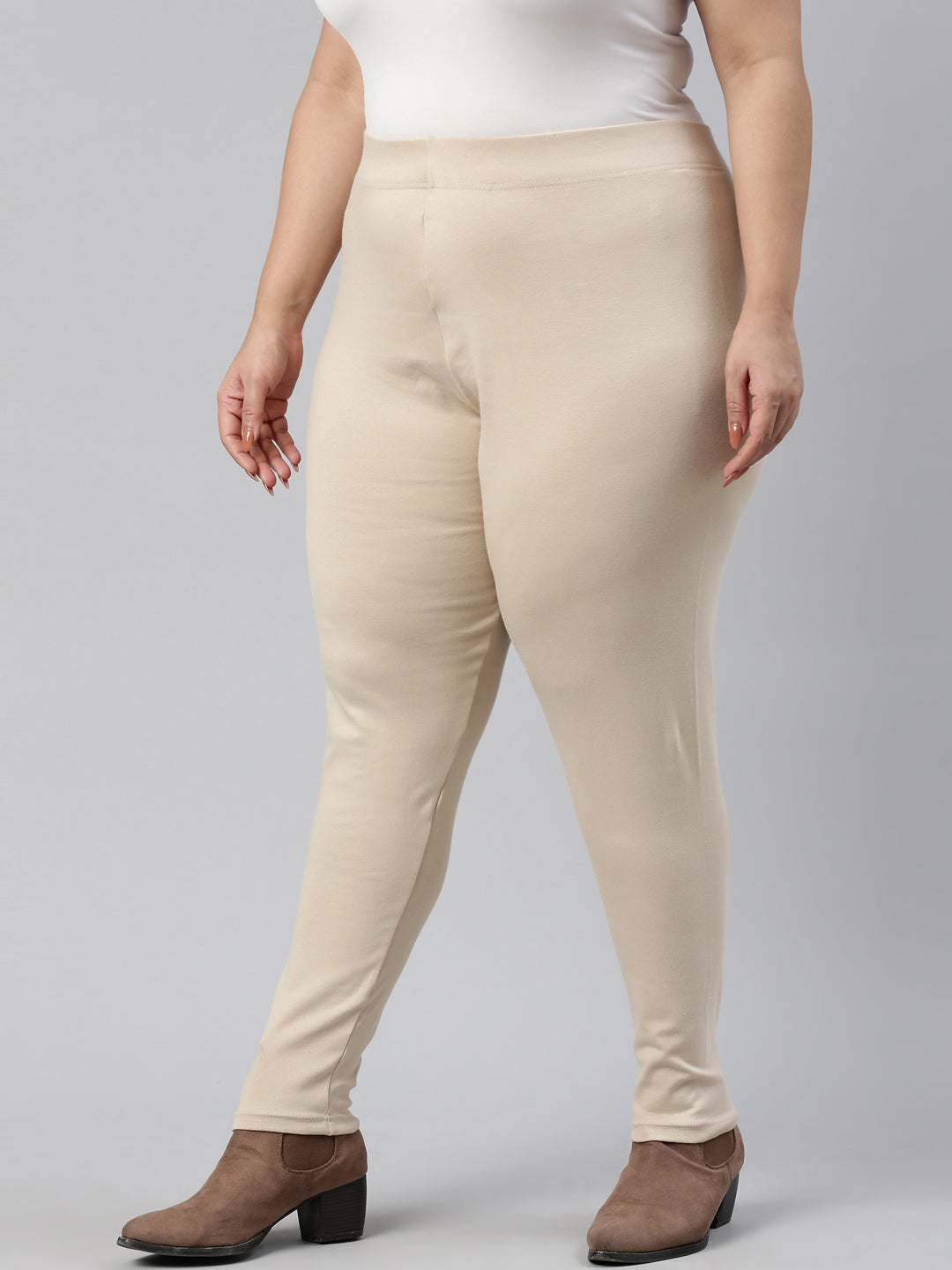 Light Beige Cotton Stretch Ribbed warm Leggings