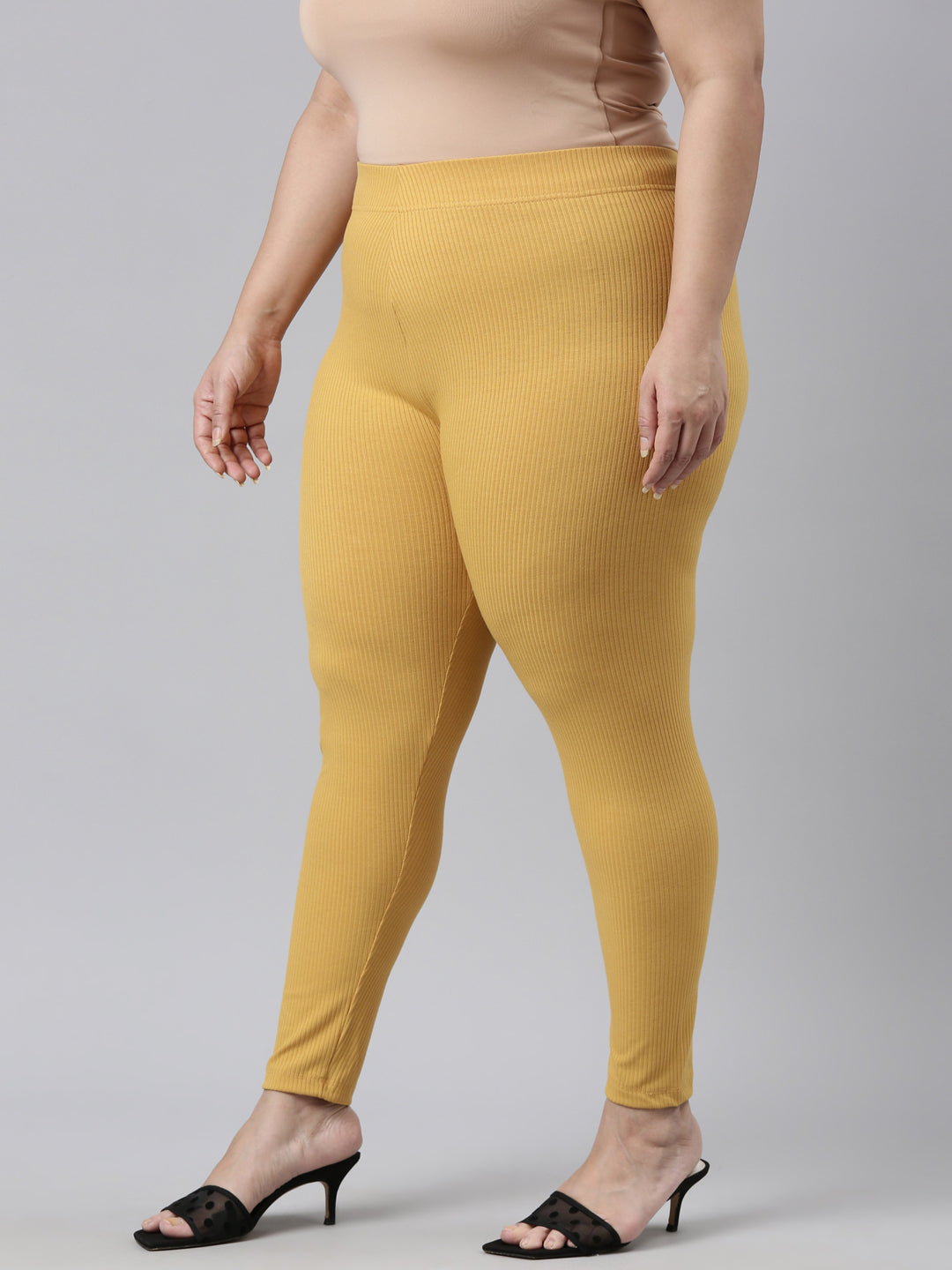 Golden Yellow Drop Needle Fabric Rib Leggings