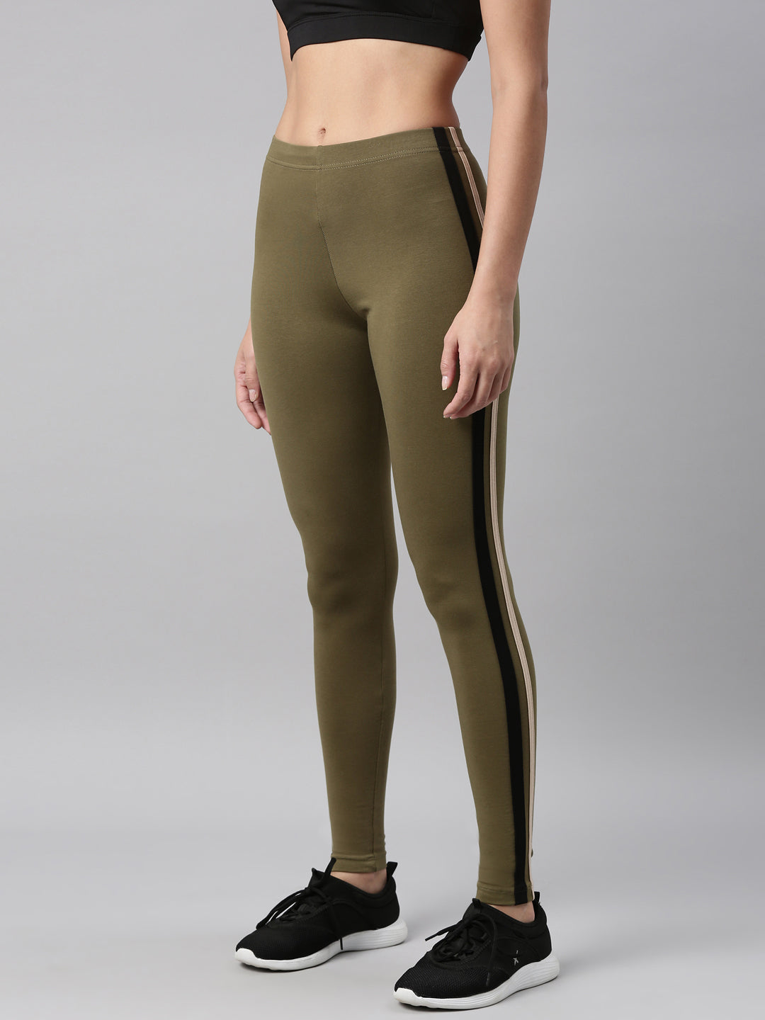 Olive Green Cotton Stretch Two Tone Side Stripe Track Pant